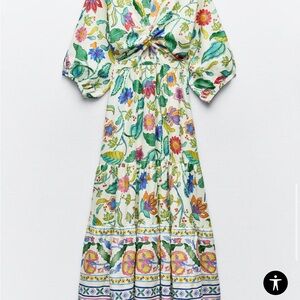 ZARA KNOTTED LINEN PRINTED DRESS